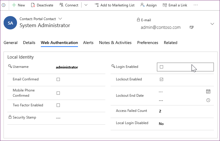 Web authentication settings on the contact form