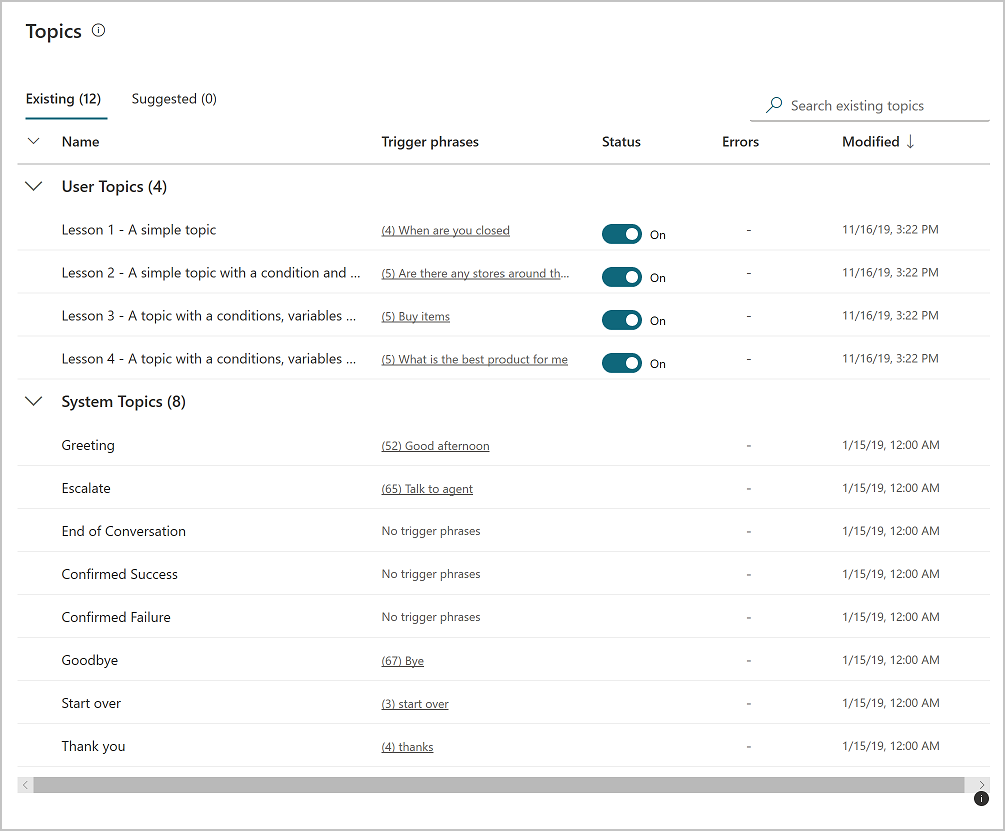Four lesson topics and a number of system topics are in the Topics list