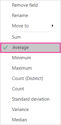 Screenshot of the aggregate list with Average selected and called out.