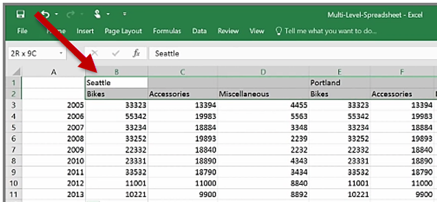 Excel spreadsheet with headers that span multiple columns