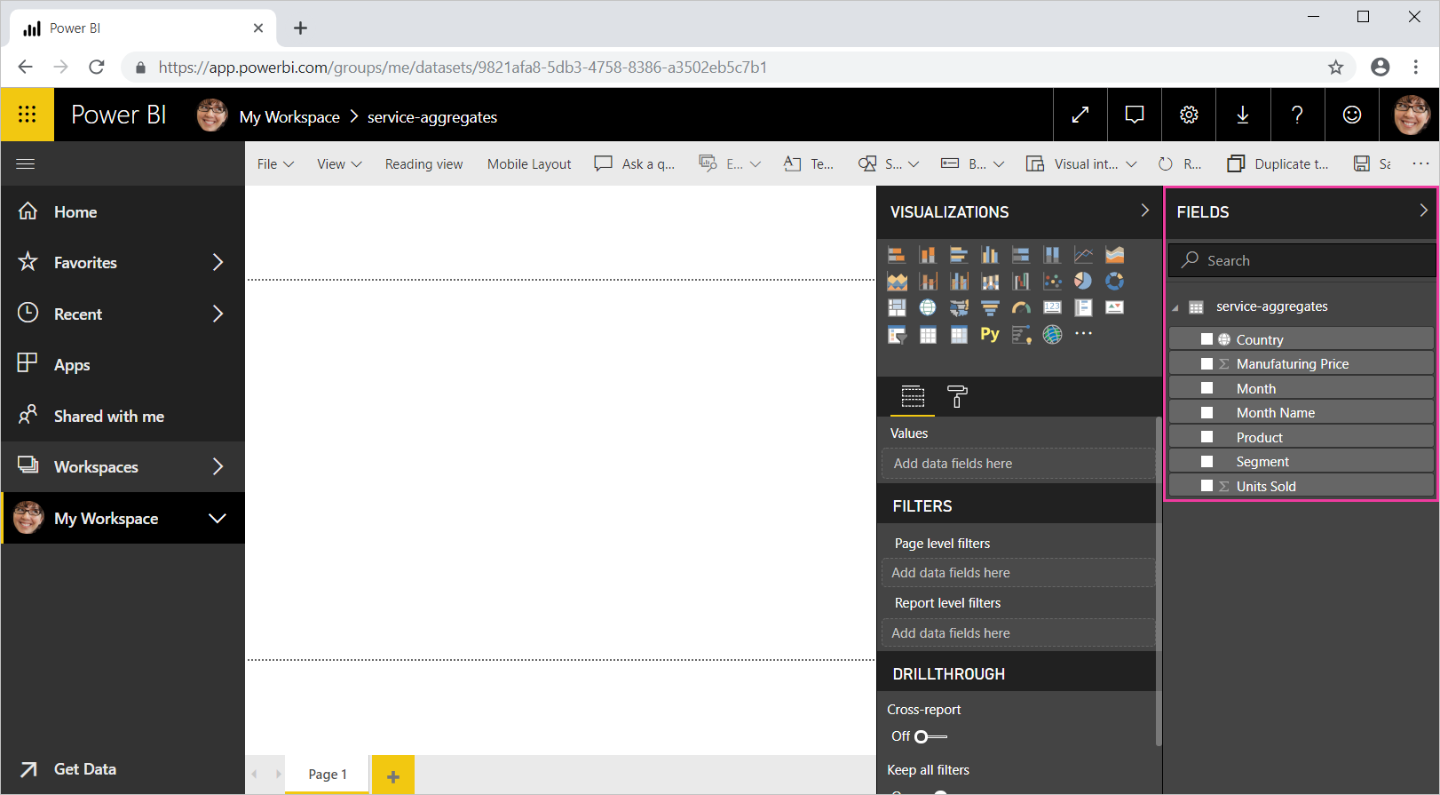 Screenshot of Power BI with the Fields list called out
