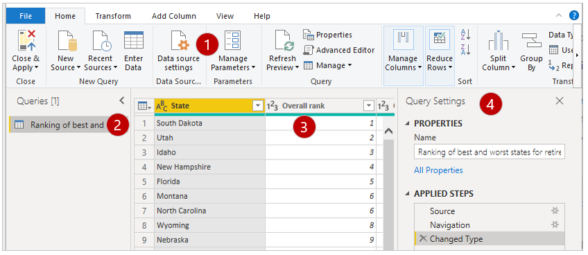 The four areas of the Power Query Editor screen.