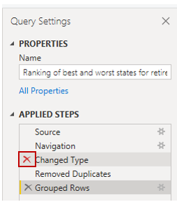 Screenshot of how to remove steps from the Applied Steps section.