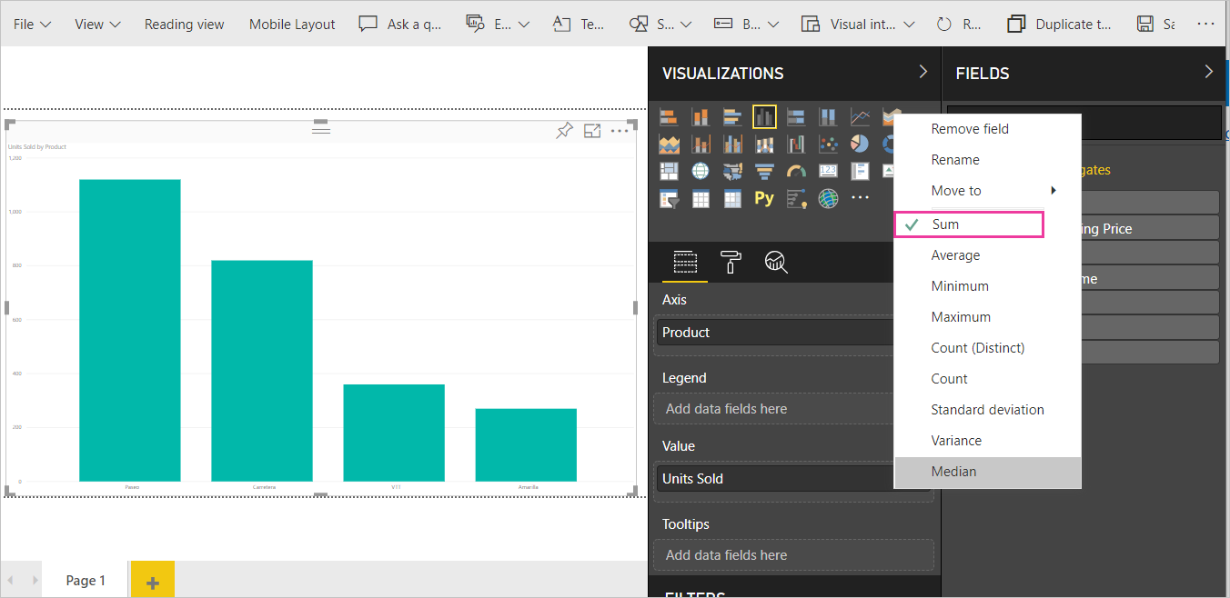 Screenshot of the chart, Visualizations pane and Fields list with Sum called out