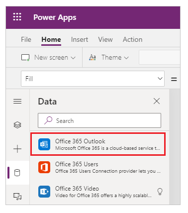 Office 365 Outlook in data sources list