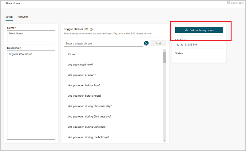 Go to authoring canvas is to the side of the trigger phrases