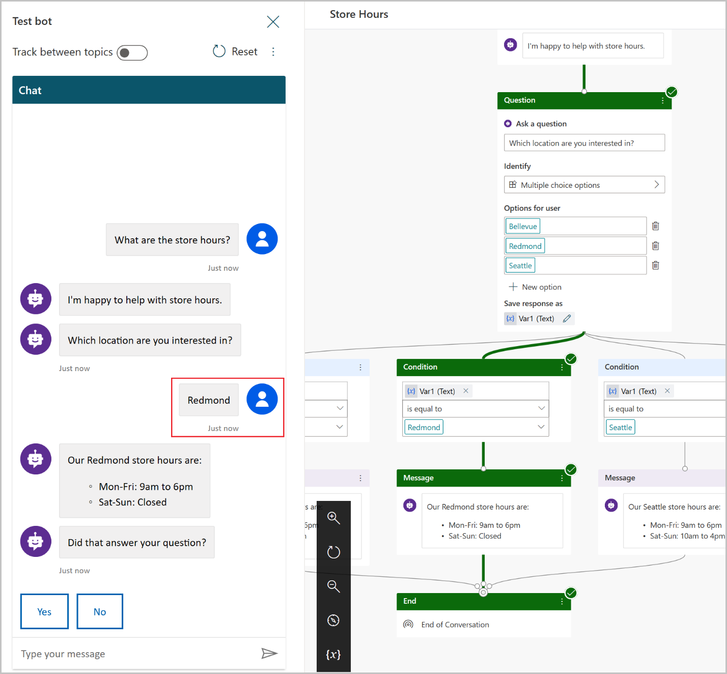 Select any response in the conversation to see the authoring canvas highlighted to that response
