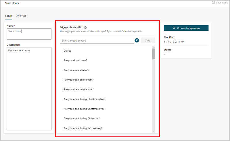 The Topic details page contains a name, description, and trigger phrases